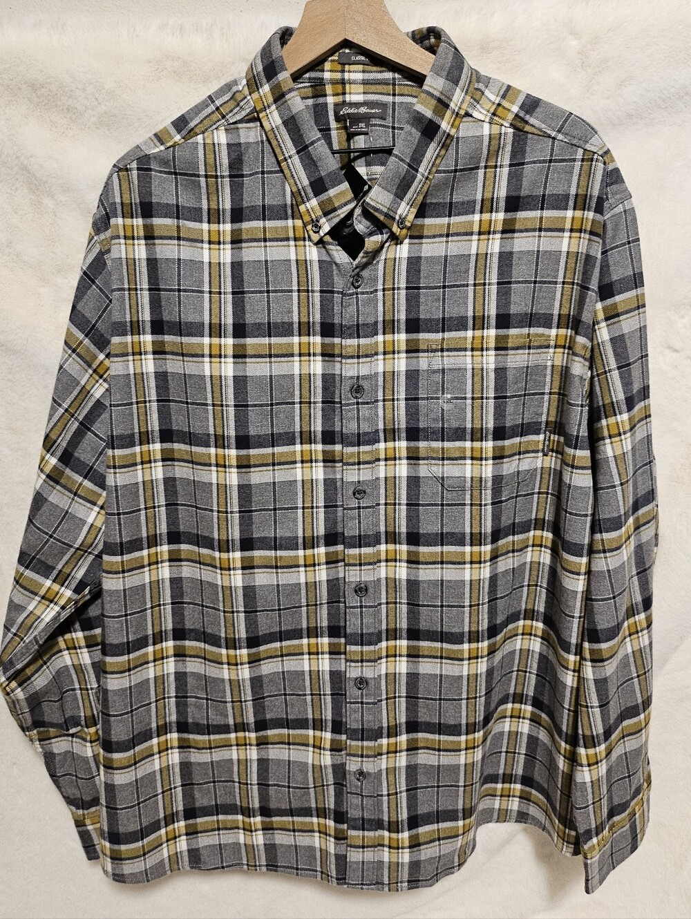 Eddie Bauer Men's Gray Plaid Button-Down Shirt with Yellow Accent